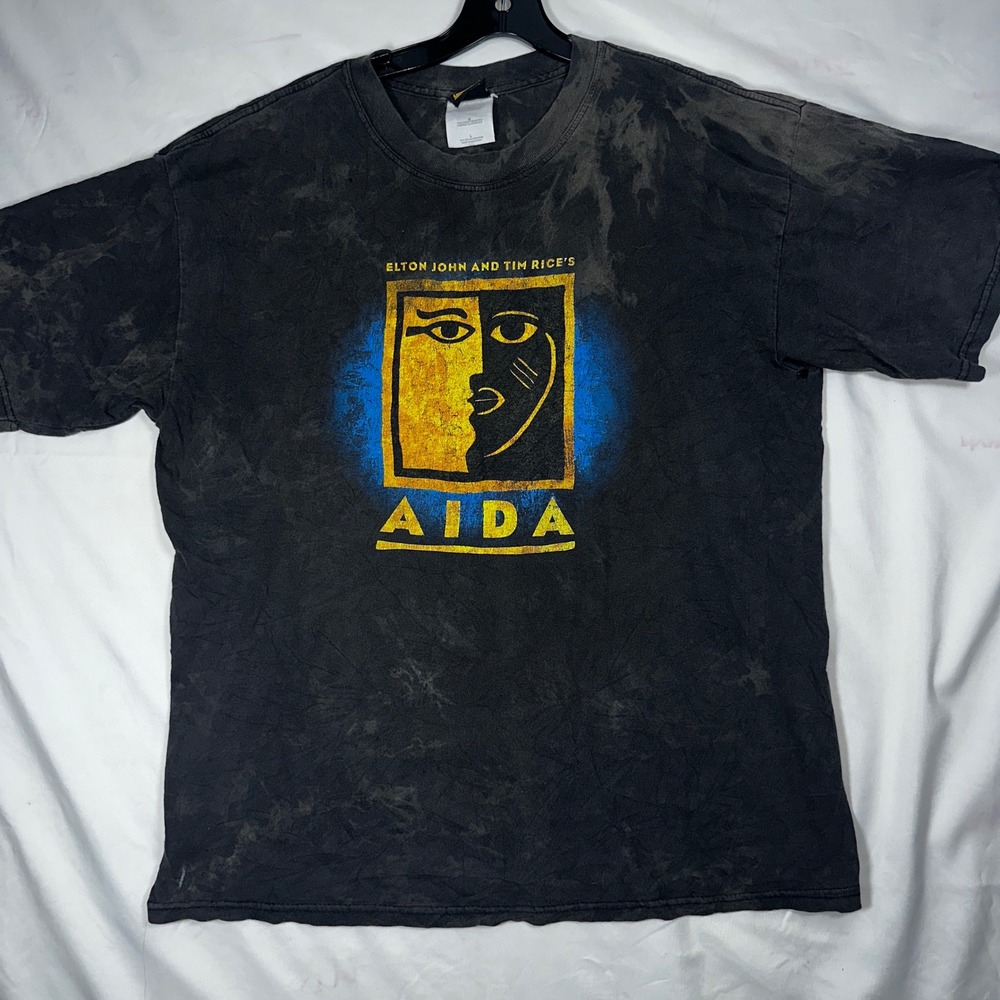 Vintage Elton John Tim Rice Aida Broadway Musical T-Shirt Acid Wash Black Large‎